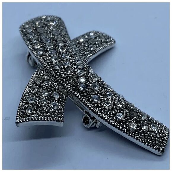 Eisenberg Ice Silver Tone Rhinestone Covered Swoosh / "X" Abstract Brooch / Pin - Picture 6 of 7